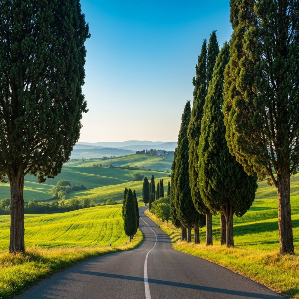 Scenic Tuscany road lined with cypress trees